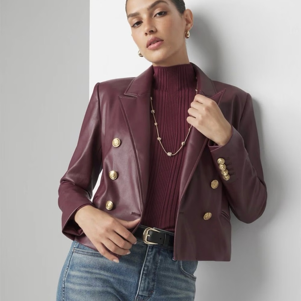WHBM Burgundy Faux Leather Double Breasted Jacket M NWT Chic Glam